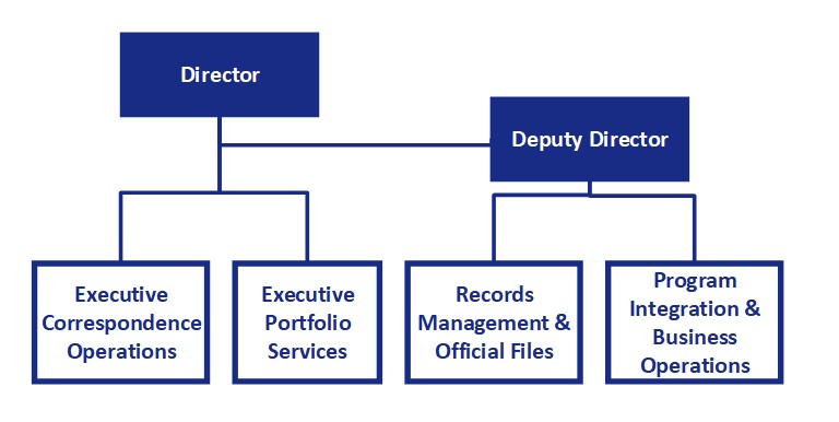 Reporting to the NIH Exec Sec Director are (1) the Deputy Director, and (2) Chief of the Program Integration and Business Operations Team. Managers of three divisions report to the Deputy Director: (1) Records Management and Official Files, (2) Executive Correspondence Operations, and (3) Executive Portfolio Services.